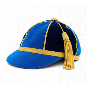 Gorra de terciopelo azul bicolor al por mayor con ribete de trenza dorada y borla, sombrero premium para club de rugby, presentación de eventos, premio. - Product Image 5