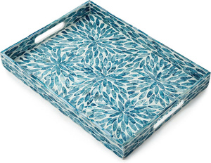 Set of 2 rectangular mother-of-pearl inlaid trays with <b>blue</b> floral patterns, serving trays with handles. - Product Image 1