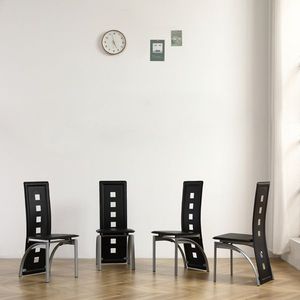 Set di 4 Sedie da Pranzo Moderne in Pelle PU con Schienale Lungo, Decorazione Quadrata Traforata, Cuscino Nero, Gambe N201 Elettroplaccate - Product Image 1