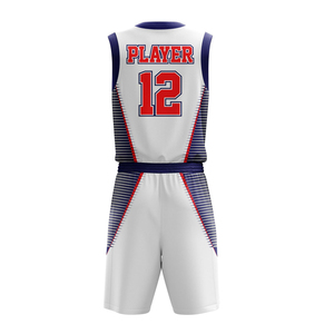 Ensemble de maillot de basket-ball sublimé personnalisé, joueur 12, blanc, rouge, bleu, débardeur sans manches, short, taille élastique, évacuation de l'humidité - Product Image 3