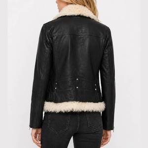 Veste en cuir noir pour femme, style moto, avec garniture en fourrure, fermeture éclair, style hiver - Product Image 3