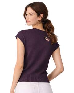 Pull sans manches en tricot violet pour femme, col rond, léger, décontracté, gilet d'été, broderie florale, haut élégant et tendance - Product Image 2
