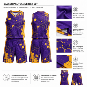 Conjunto de Baloncesto Geométrico Morado y Amarillo para Hombre, Personalizado, sin Mangas, Cuello en V, Secado Rápido, Poliéster, Uniforme Deportivo, Ajuste Atlético para Todas las Temporadas - Product Image 6