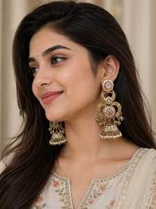 Designer <b>Green</b> Zircon Antique Gold Plated Flower <b>Chandelier</b> Earrings Women Traditional Ethnic Pearl Drop Bridal Wedding Party - Product Image 2
