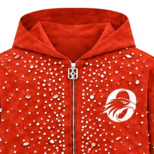Custom Orange <b>Red</b> Pearl Zip Up <b>Hoodie</b> Decorative Pearl Studded Streetwear Jacket Long Sleeve Hooded Sweatshirt With Pockets - Product Image 3