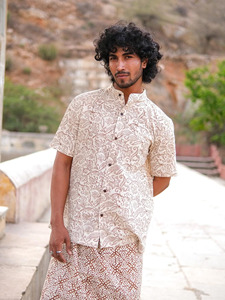 Men Hand block Kalamkari Printed Cotton Short Kurta <b>Shirt</b> Casual Summer Wear Slim Fit Mandarin Collar <b>Half</b> Sleeves Ethnic Top - Product Image 3