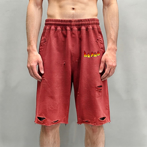 Shorts pour homme de qualité supérieure, écologiques, respirants, 100% coton, logo imprimé DTF personnalisé, poids lourd, grande taille, effet usé. - Product Image 4