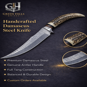 มีดล่าสัตว์เหล็กดามัสกัสตีขึ้นรูปด้วยมือพร้อมด้ามจับจากเขากวางธรรมชาติ - Product Image 1