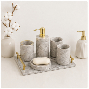 Ensemble d'accessoires de salle de bain en marbre gris vintage, distributeur de savon moderne en marbre, porte-brosse à dents et plateau de toilette avec poignées dorées - Product Image 4