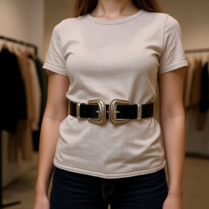 Cintura in Vera Pelle con Doppia Fibbia 100Cm Finitura Argento Oro Cintura Moda Donna - Product Image 2