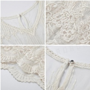 Women's White Chiffon Embroidered V-Neck Drawstring Romper With Tassel And Ruffles Floral Pattern Short Bottoms - Product Image 4