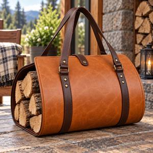 Sac de transport robuste en cuir véritable et bois pour bûches, fait main, style rustique, LWC-0064 - Product Image 3