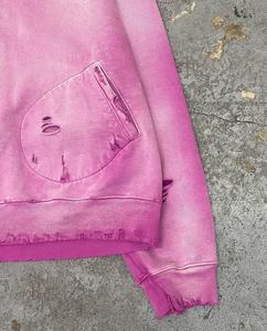 เสื้อฮู้ดดี้ผ้าฝ้ายหนานุ่มฟอกสีสไตล์ฝรั่งเศส ผลิตตามแบบ ODM สีซีดจางแบบซันเฟด ขาดรุ่ย แต่งดีเทลแบบดิสเทรส ทรงโอเวอร์ไซส์ สำหรับผู้ชาย - Product Image 5
