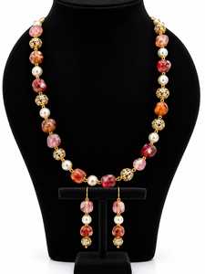 JEWELS SANA Rosa Orange Perlen Vergoldetes Trendiges Schmuckset Messing Perlenkette Tropfen-Ohrringe NGGC Zertifiziert für Hochzeitsgeschenk - Product Image 2