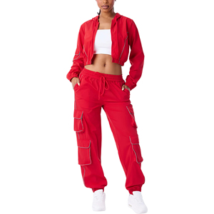Women's Red Printed Rhinestone Tracksuit Full Length Cargo <b>Pants</b> Side Pockets Casual Croptop Jacket Autumn Waterproof Windproof - Product Image 1