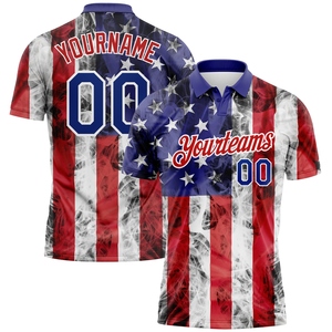 Polo de golf de performance personnalisé blanc et rouge royal 3D avec drapeau américain, le plus vendu de notre gamme professionnelle en gros - Product Image 1