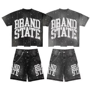 Men's Custom Rhinestone Screen Print Two Piece Cotton Acid Wash Sun Faded T Shirt and Distressed Side Stripe Sweat Shorts Sets - Product Image 1