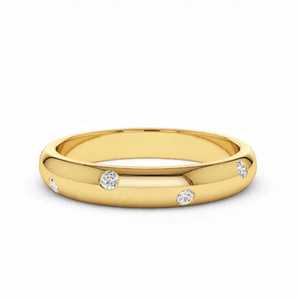 Bague de mariage minimaliste pour femme en argent sterling plaqué or 14K avec moissanite taille brillant rond et sertissage gypsy en forme de dôme - Product Image 1
