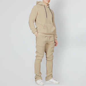High Quality Custom Men Beige <b>Sherpa</b> Tracksuit Blank Teddy Fleece Pullover <b>Hoodie</b> Stacked Sweatpants Wholesale MUSARAT SONS - Product Image 3