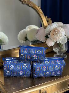 Elegant Royal Blue Botanical 3 Piece Makeup <b>Bag</b> Set Quilted Cotton Cosmetic Pouches for Women Travel <b>Vanity</b> Organizer Gift - Product Image 6