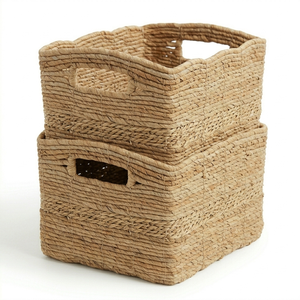 100% Natural Water Hyacinth Woven Storage Basket Bohemian Style Handwoven Scalloped with Handles Rectangular Shape - Product Image 4