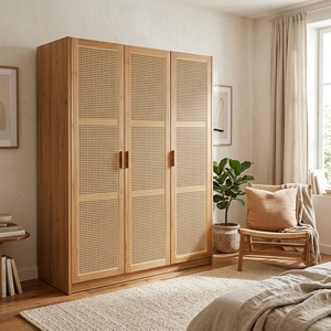 Armario Enzo de 3 Puertas, Madera de Teca Sólida y Ratán, Independiente, Moderno, de Gran Capacidad, para Dormitorio y Sala de Estar - Product Image 4