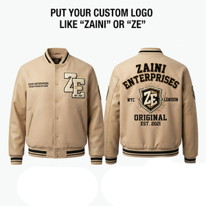 เสื้อแจ็คเก็ตวาร์ซิตี้ ZAINI พรีเมียม 400 GSM ผ้าวูลผสม กันลม สไตล์ไฮสตรีท สำหรับผู้ชาย/ยูนิเซ็กซ์ สีน้ำเงิน แขน PU ปักลายเชนีล แบบสั่งทำพิเศษ - Product Image 1