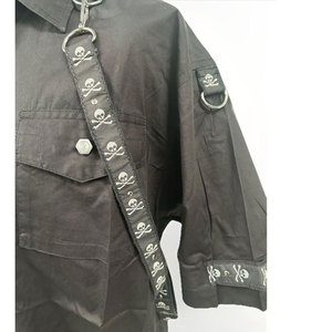 Vintage Gothic <b>Men's</b> Short Sleeve Shirt Black Cotton-Mix Fitted with Removable Skull Trim Straps and Bolt Buttons - Product Image 4