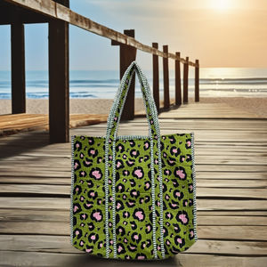 Handmade Bohemian <b>Green</b> Quilted Cotton Fashion Tote <b>Bag</b> Women Customizable Zipper Elegant Floral Print Screen Printed - Product Image 4