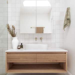 Meuble-lavabo mural sur mesure JY Project, style vietnamien moderne, en contreplaqué et MDF, avec miroir, pour hôtels - Product Image 5