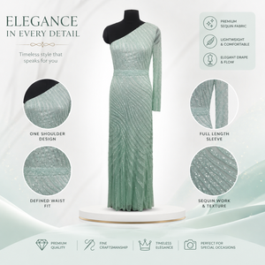 Mint Green <b>Sequin</b> Evening Gown Women One Shoulder Long Sleeve Embellished Maxi Dress Elegant Wedding Prom Party Formal Occasion - Product Image 5