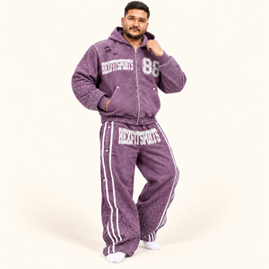 REXFITSPORTS Nouvel ensemble deux pièces streetwear pour homme : sweat à capuche zippé violet personnalisé avec strass et pantalon large - Product Image 1