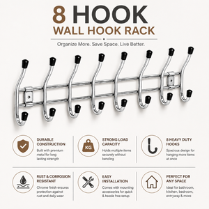 <b>Chrome</b> Finish Stainless Steel Single Tier <b>Wall</b> Mounted Clothing Organizer Hook Rack Rust Resistant for Towel Hanger Bathroom - Product Image 5