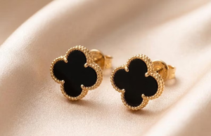 925 Sterling Silver Stud Earrings White Gold Plated Black Onyx Beaded Clover Ear Jewelry for Women - Product Image 4