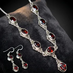 Red Garnet Sterling Silver Handcrafted Necklace Earrings Jewelry Set With Elegant Link Design Natural Gemstone For Women - Product Image 3