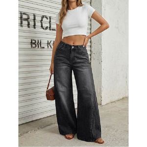 Pantalon en jean décontracté taille haute vintage noir à jambe large et coupe ample pour femme, personnalisable avec logo, style streetwear, vente en gros - Product Image 6