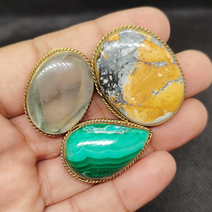 AAAAA Quality Natural Mixed Stone Grooved Pendants Lapidary's Choice Jasper Maligano Malachite Brass Metal Stones Charms - Product Image 2