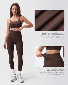 Women Seamless Sports Bra And <b>Leggings</b> Set <b>Brown</b> Racerback Scoop Neck High Waist Yoga Fitness Activewear Medium Support - Product Image 4