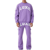 Erkek Büyük Beden Kışlık Mor Düz Hafif Polar Kapüşonlu Sweatshirt ve Kargo Eşofman Altı İki Parçalı Günlük Sokak Giyim Seti