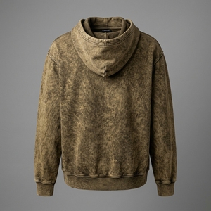 เสื้อฮู้ดดี้ผ้าฟลีซฟอกสีสไตล์ฝรั่งเศสแบบหนาพิเศษ ตกแต่งด้วยเทคนิค Distressed Acid Wash พร้อมกระเป๋าคู่ ปักลาย OEM สีซีดแบบซันเฟด สำหรับผู้ชาย - Product Image 2