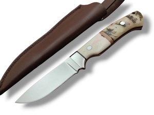 Couteau de chasse artisanal en acier inoxydable à pointe tombante avec manche en corne de bélier et os, et étui en cuir, lame fixe pleine longueur de 10 pouces - Product Image 5
