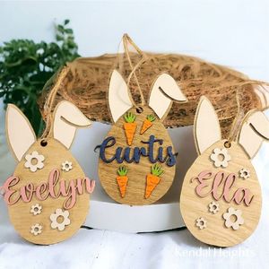 Etiquetas de madera personalizadas para huevos de Pascua, adorno de conejo de madera cortado con láser, nombre personalizado, etiquetas para cestas de Pascua, regalo para niños, decoración del hogar - Product Image 4