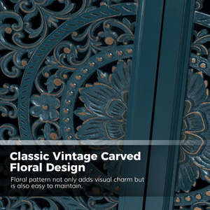 Intricate Floral Panel Doors Hand Carved Teal Wood Accent <b>Cabinet</b> Set for Farmhouse Hotel or Apartment Living Room - Product Image 2