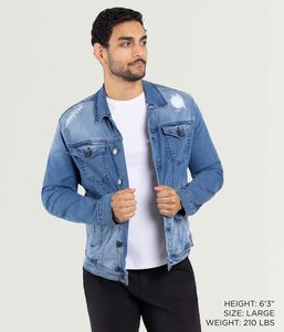 Men's Denim Jacket <b>Light</b> Blue Washed Cotton Casual Turn-down Collar Regular Sleeve Spring Style Frayed Detail - Product Image 1