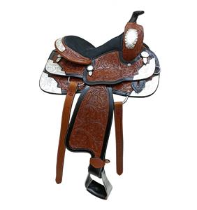 Selle de baril en cuir marron DD, assise souple, motif floral, style western, pour course de chevaux, avec arceau en plastique et motifs en métal argenté, 10-18 pouces - Product Image 1