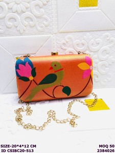 Handcrafted Printed Silk Clutch with Bird & Floral Design | Elegant Metal <b>Frame</b> Evening Bag with Chain Strap for Women - Product Image 2