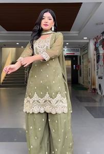 Ensemble Palazzo en Soie Satinée Brodé pour Femme, Salwar Kameez Moderne Longueur Genou, Tenue de Mariage et de Fête - Product Image 4