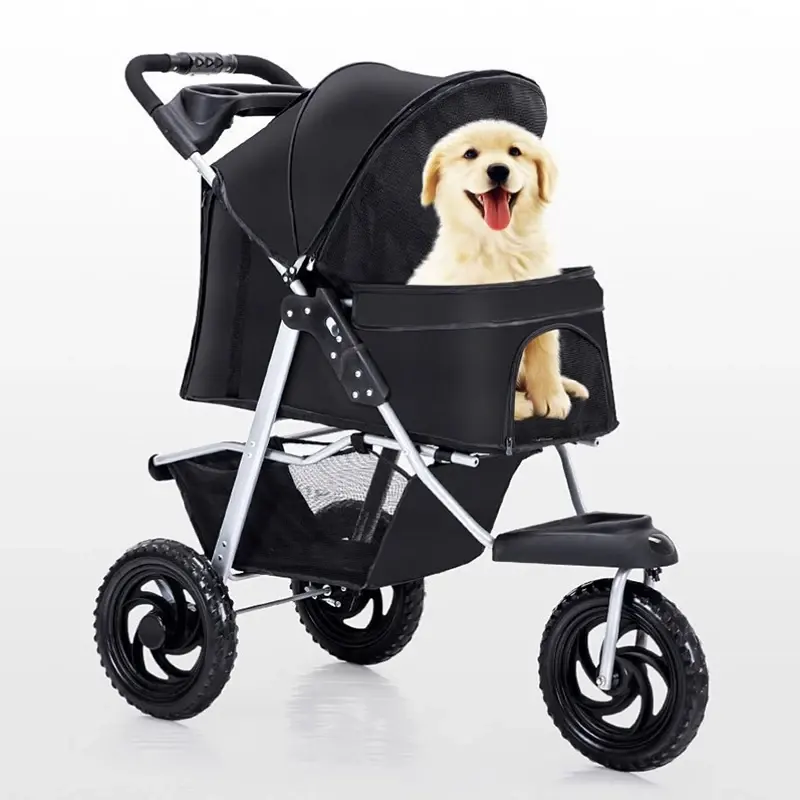 Poussette à 3 roues pour animaux de compagnie en plein air, portable et pliable, chariot à chien respirant, porteur de charge de 15kg