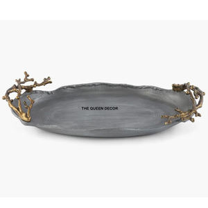 Plateau de service décoratif ovale en aluminium luxueux avec poignées en feuille de laiton doré, fait main, décoration d'intérieur, prix le plus bas - Product Image 1