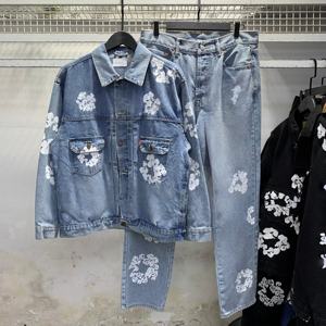 Ensemble en jean unisexe Streetwear Oversize en denim épais délavé avec imprimé couronne en coton et imprimé mousse - Product Image 4